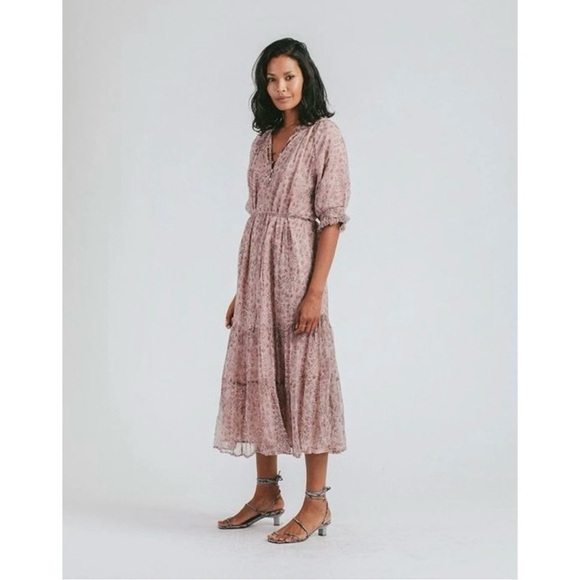 Cleobella Piper Tie Waist Chiffon Midi Dress Meadows Floral Pink Women’s Small - Picture 1 of 7